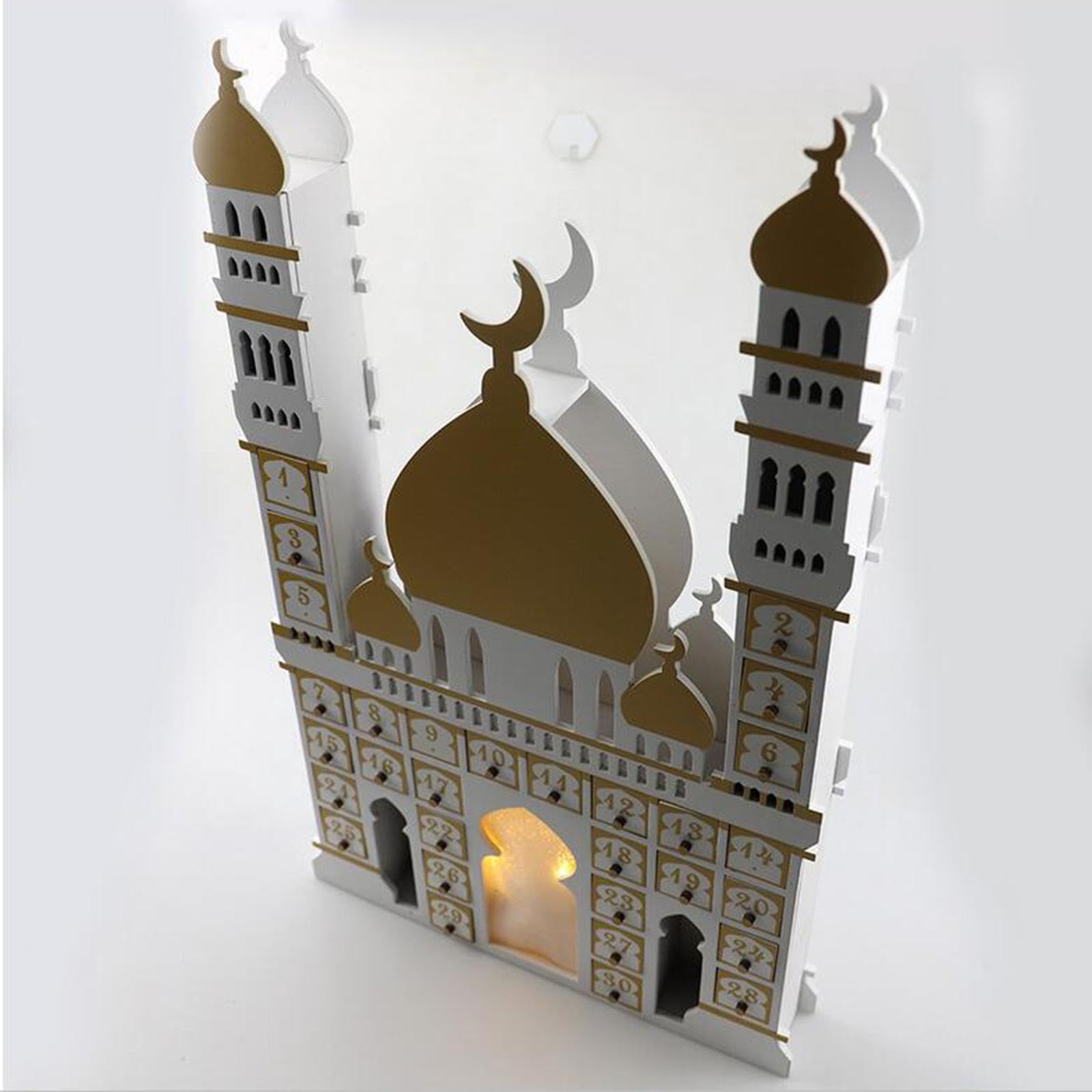 Holz LED Beleuchtung Eid Mubarak Adventskalender Dekoration mit Schubladen für Wohnzimmer Fest Büro Geschenk, Weiß