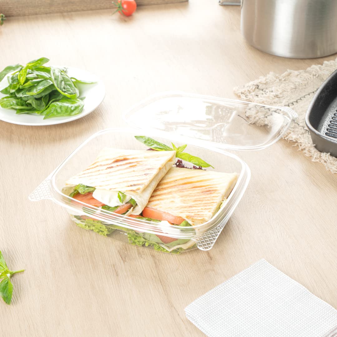 Thermo Tek - Contenedores de comida delicatessen de 24 onzas, 100 recipientes con tapa con bisagras antivaho, congelables, rectangulares, de plástico transparente, desechables Restaurantware