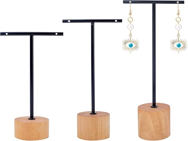 FINGERINSPIRE Black Metal 3 Pcs T Bar Earring Display Stand with Wooden Base Jewelry Holders Hanging Jewelry Organizer for Store Retail Photography PropsBlack- Round Base, 14.5&12.5&10cm Height