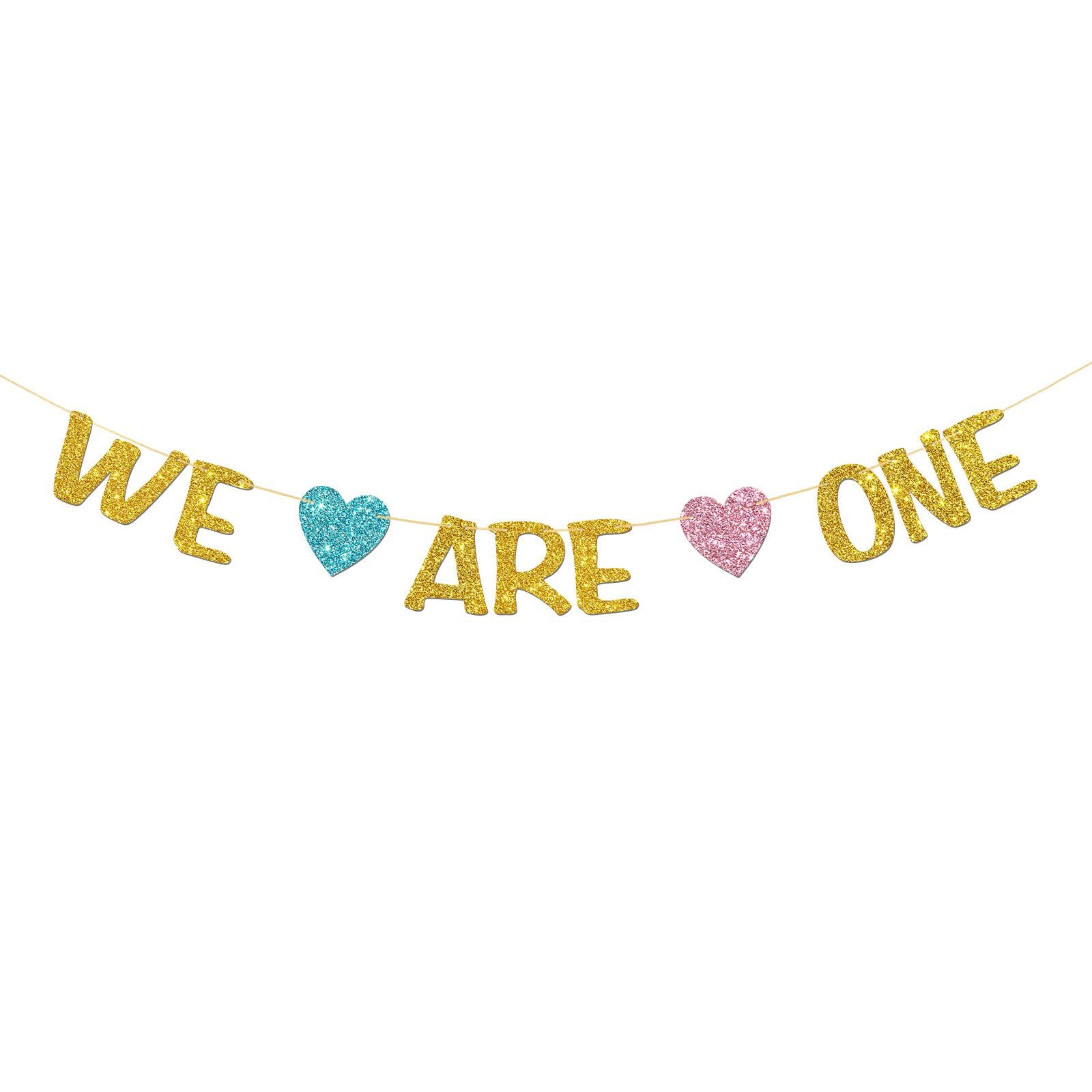RoadSea We Are One Banner - Twins 1st Birthday Party Garland Supplies - Baby Shower - It's Twins Oh Babies Party Decorations - Gold Glitter