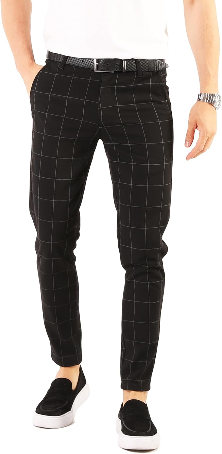 Slim Fit Dress Pants for Men - Skinny Chinos Pants - Stretch Casual Plaid Golf Checkered Pants - Slacks Tapered Trousers