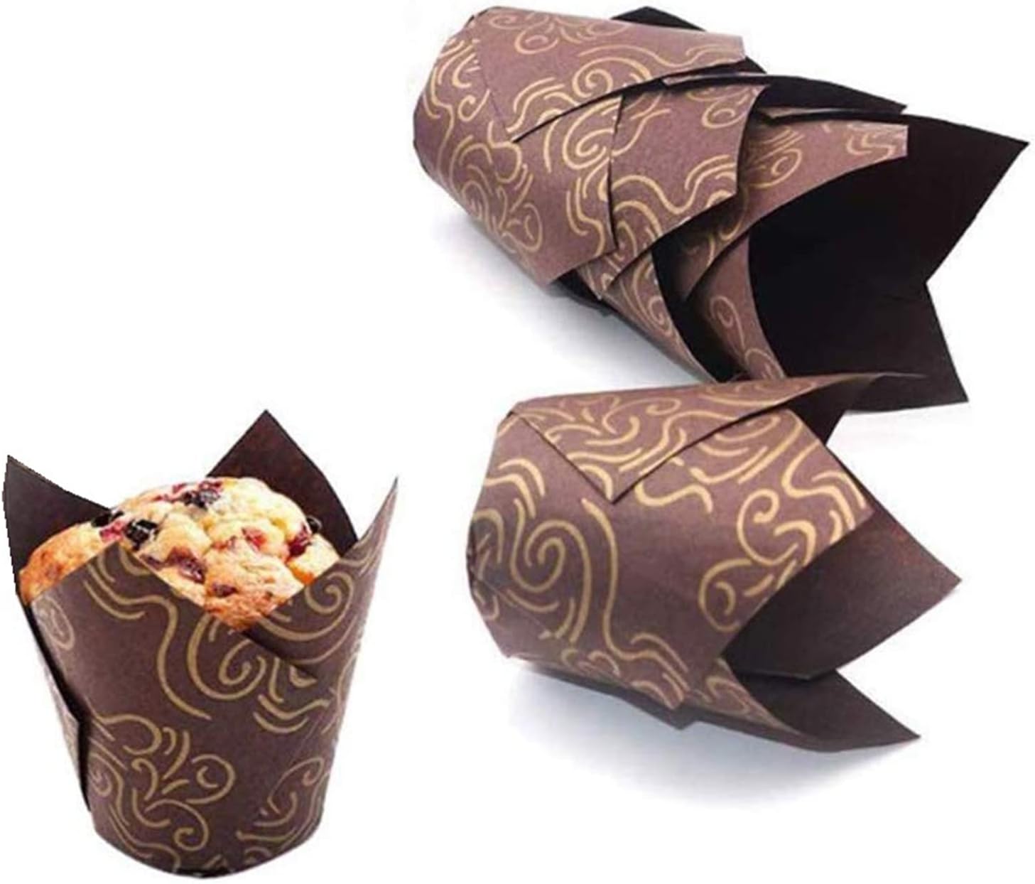 YoCosii 200Pcs Tulip Cupcake Liner Baking Cup-for Weddings, Birthdays, Baby Showers, Brown-Gold Wire, brown-gold pattern-200
