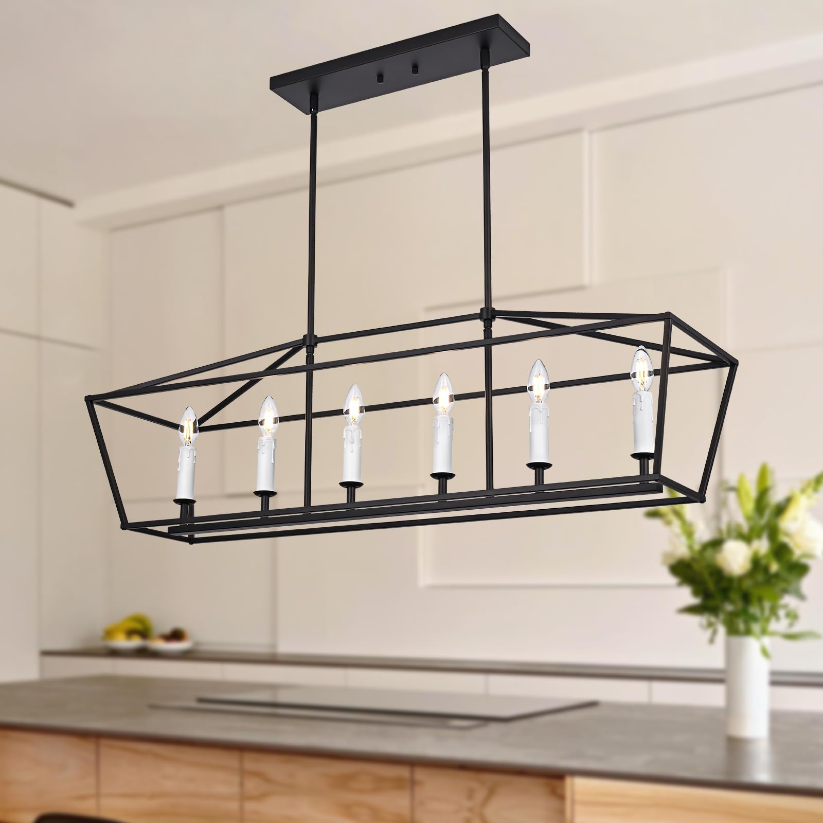 6-Light Black Island Lighting, Industrial Pendant Light Fixtures Candle-Style for Kitchen Dining Room Living Room, E12 Bulb Base