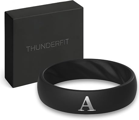 ThunderFit Silicone Rings Wedding Bands for Women, Black Custom A-Z Initial Engraved Ring, 5.5mm Wide, 2mm Thick, Rubber Engagement Bands, Gift Box Included, 1-Pack