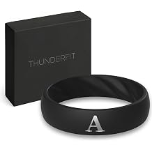 ThunderFit Silicone Rings Wedding Bands for Women, Black Custom A-Z Initial Engraved Ring, 5.5mm Wide, 2mm Thick, Rubber Engagement Bands, Gift Box Included, 1-Pack