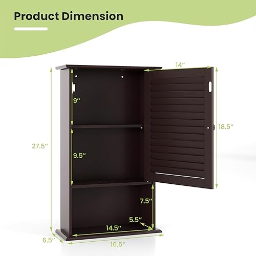 Miniatura 3 de Tangkula Botiquín de medicina, armario de baño montado en la pared, gabinete de pared de baño de madera de una sola puerta con estante ajustable