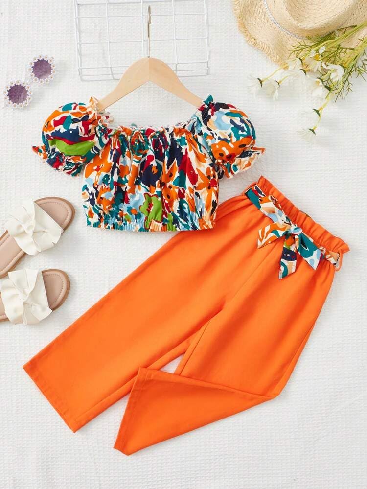 Image of Tagas Girl Summer Casual Top Puff Sleeve and Printed Long Pants 2pcs Outfit || Two-Piece Set FOR GIRLS ||Girls Clothing Set||(GTP-70)