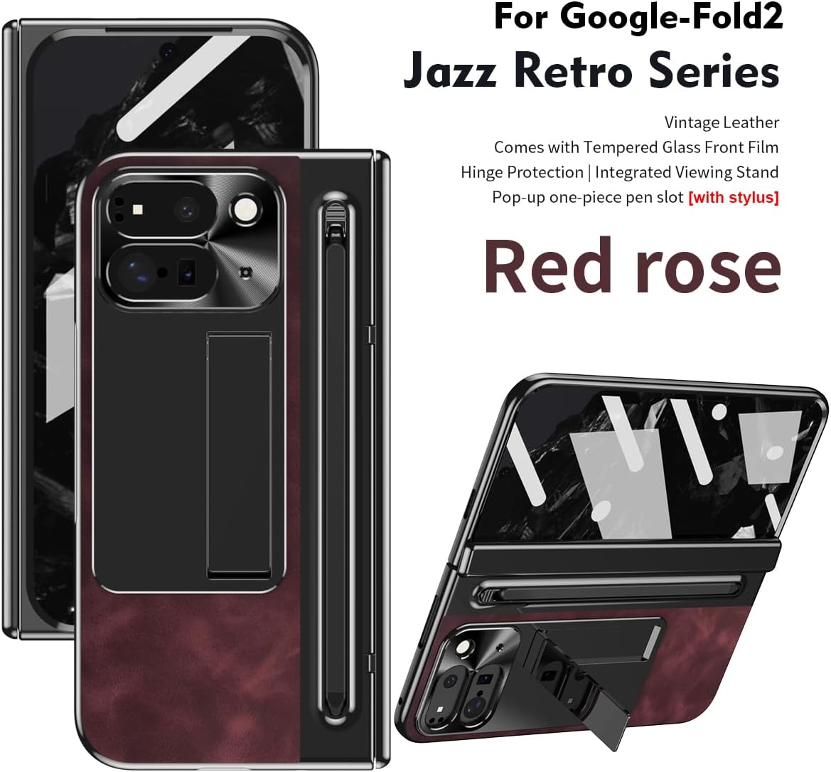 for Google Pixel 9 Pro Fold Case with Slim Pen Holder & Capacitance Stylus Pen, Kickstand Premium Jazz Retro Leather Soft Touch Shockproof Hard Full-Body Screen Hinge Protection -Red