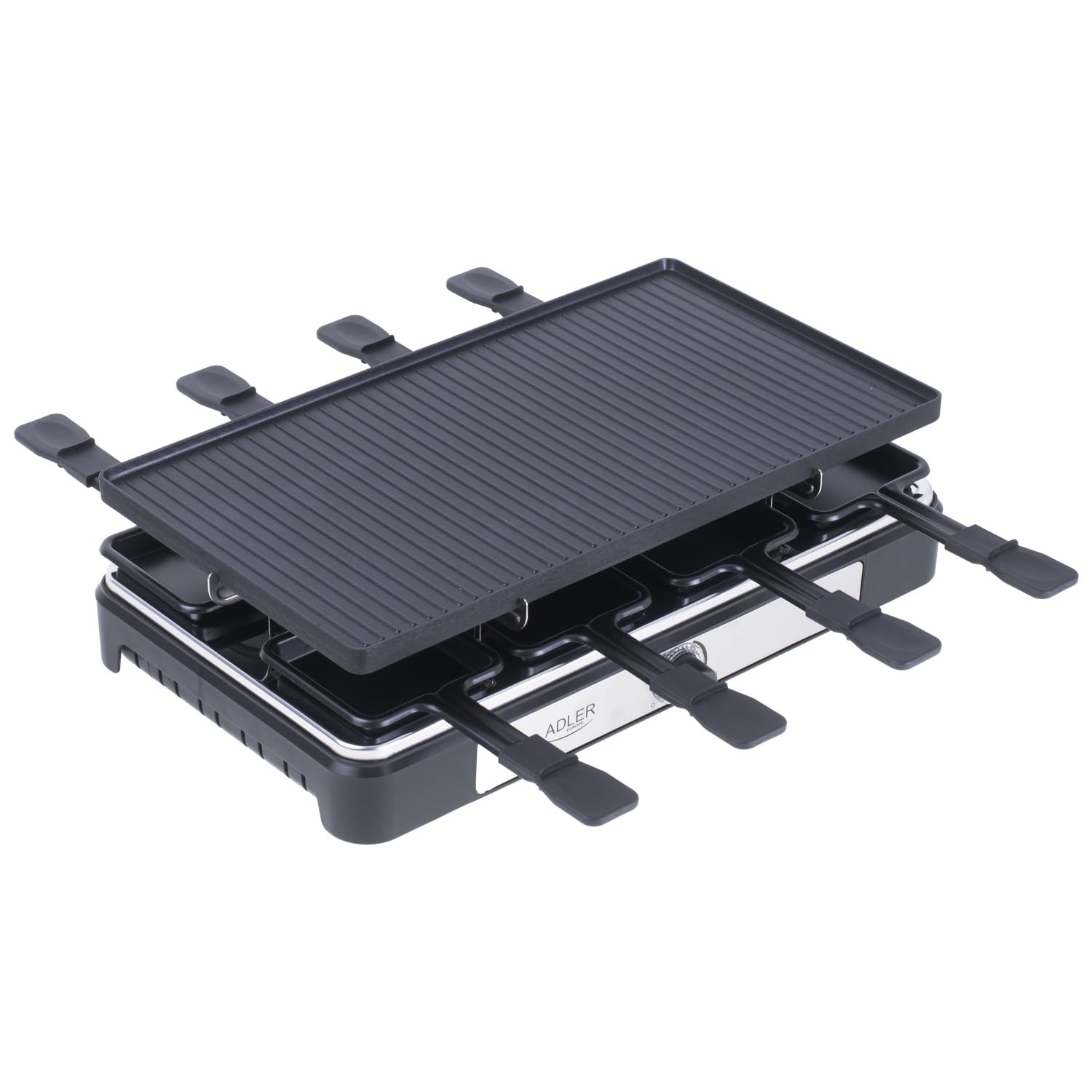 Adler AD6616 elektryczny grill raclette w komplecie z patelniami – bezdymny grill w nowoczesnym stylu dla 8 osób – duża powierzchnia grillowania – elektryczny ruszt do grillowania – do smażenia potraw