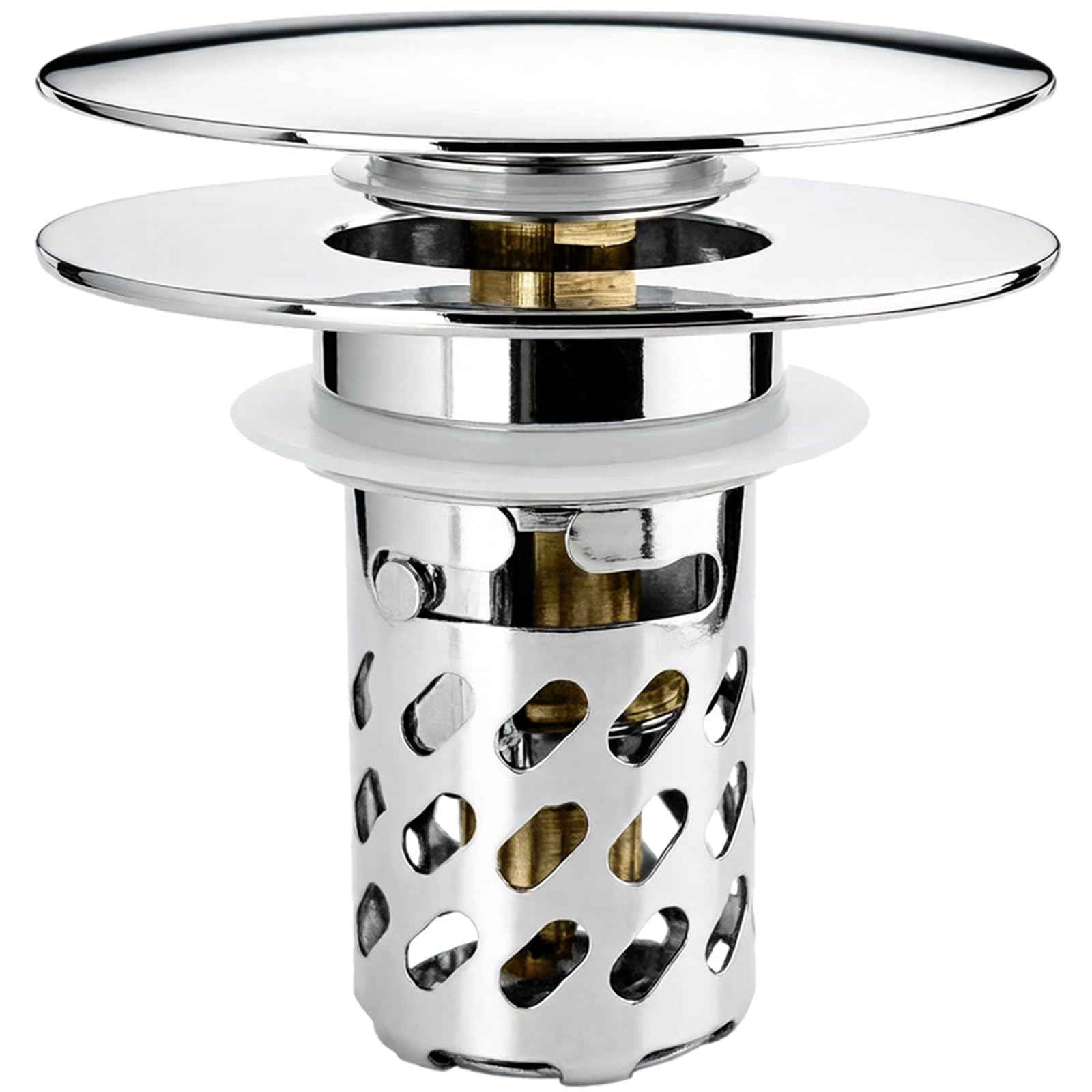 REZZI Universal Pop Up Sink Plug Bathroom，Kitchen Drain Stopper, Fits 25–46mm Basin Hole, Metal Chrome Plated Push Cover with Removable Stainless Steel Catcher, Brass Core (Large Lid 60mm)