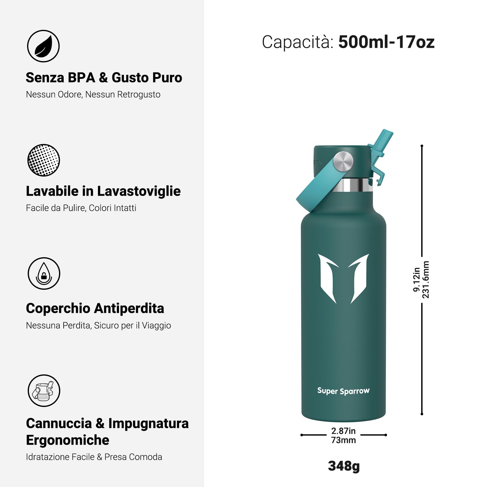 Super Sparrow Borraccia Termica, Acciaio Inox Bottiglia Termica - 350ml, 500ml, 750ml, 1L - Senza BPA Borracce, Borraccia Bambini per Scuola, Sport, Campeggio, Yoga, Palestra, Ciclismo