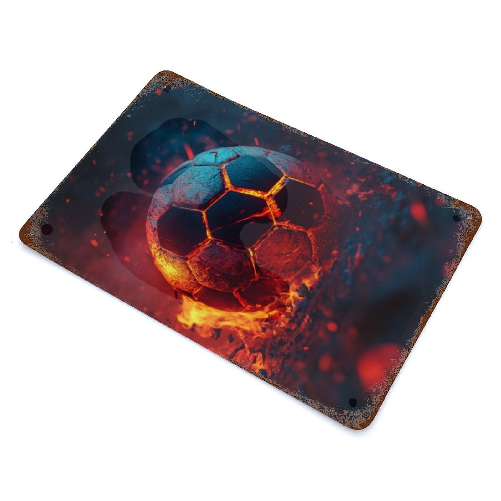 Distressed Metal Wall Sign Fiery Soccer Ball 11.8"x7.9", Vintage Wall Decor for Cafe, Home Bar And Lounge Decor