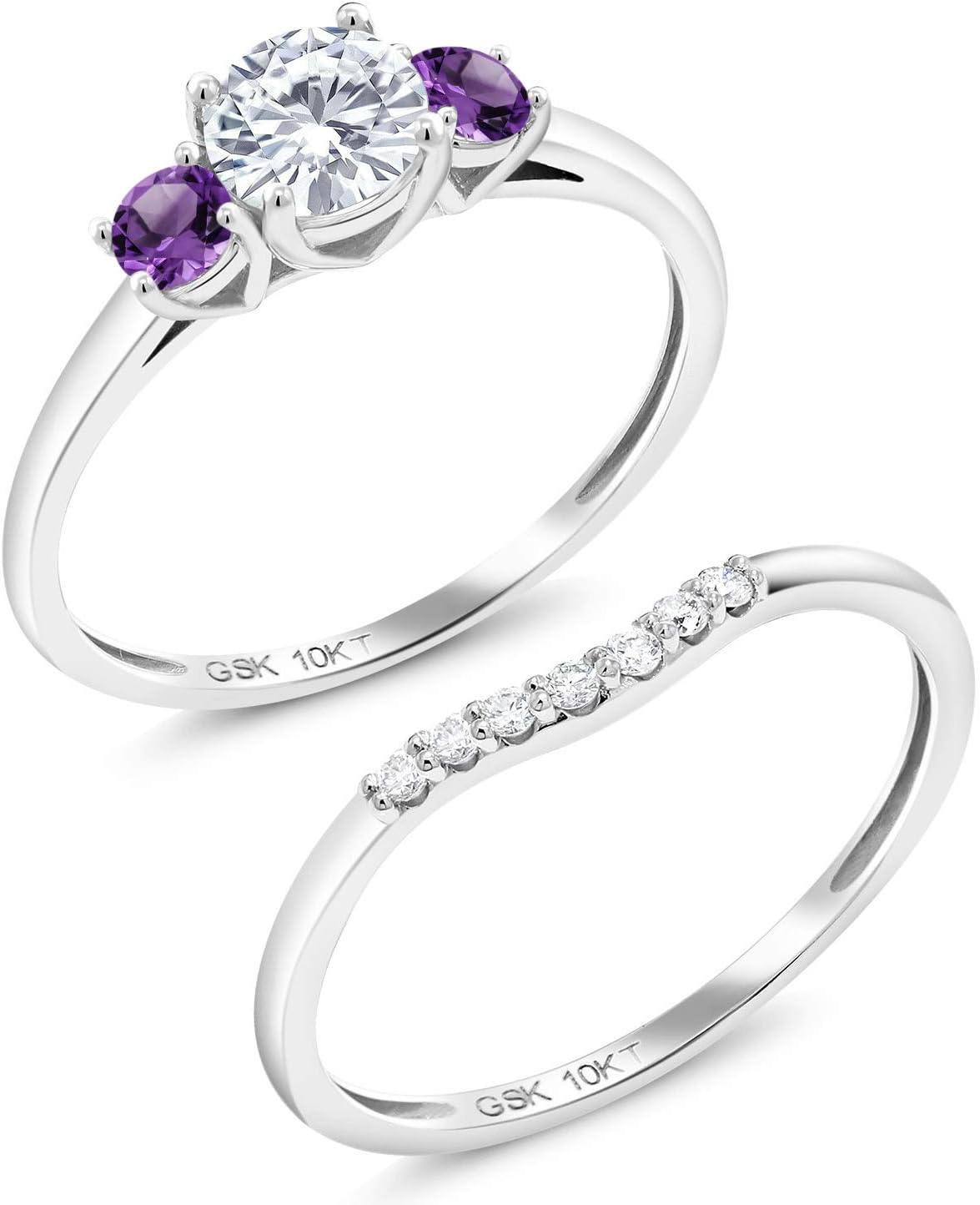 Gem Stone King 10K White Gold Moissanite Amethyst and Lab Grown Diamond 3-Stone Bridal Engagement Wedding Ring Set For Women | 0.77 Cttw | Available In Size 5, 6, 7, 8, 9
