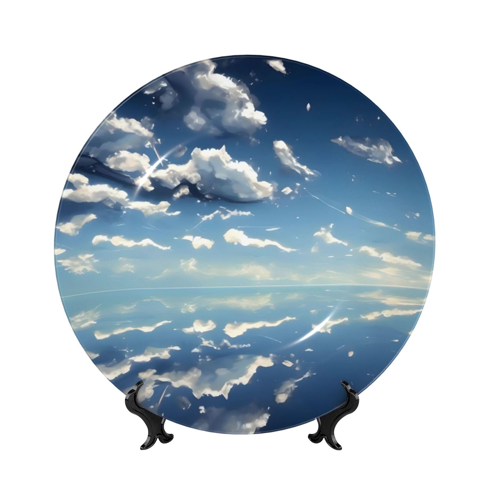 SXZVVBN Blue sky and white clouds Bone China Decorative Plate Art with Stand Removable Adhesive Hanging for Home Office 7in