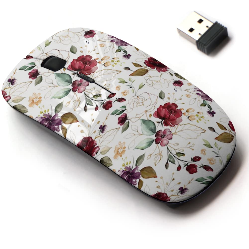 CJCBROES 2.4G Wireless Mouse with Cute Pattern Design for All Laptops and Desktops with Nano Receiver - Gold Burgundy Flowers