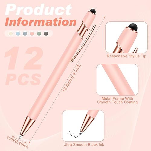 Miniatura 111 de 12 bolígrafos con punta de lápiz capacitivo, 0.039 in de tinta negra, bolígrafo de metal para pantallas táctiles, bolígrafo 2 en 1 (cian y oro rosa)