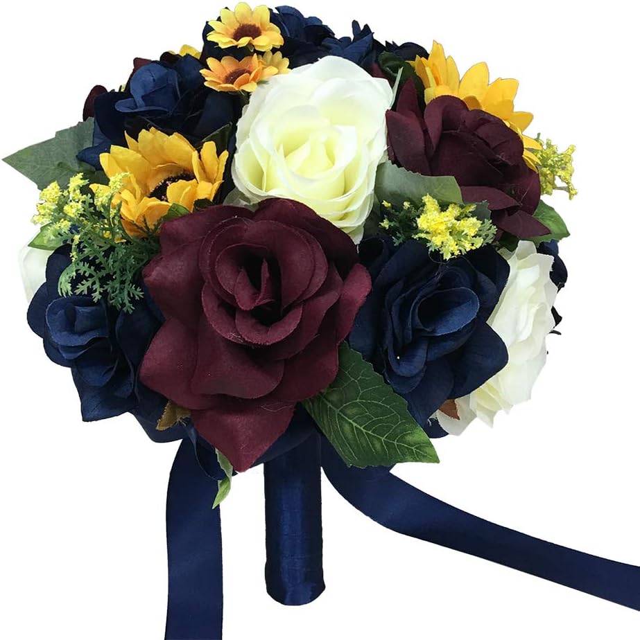 Angel Isabella, LLC Build Wedding Package - Beautiful Fall Wedding Marine Navy, Wine Burgundy, Ivory, Sunflowers Artificial Flower (8" Bouquet Style B)