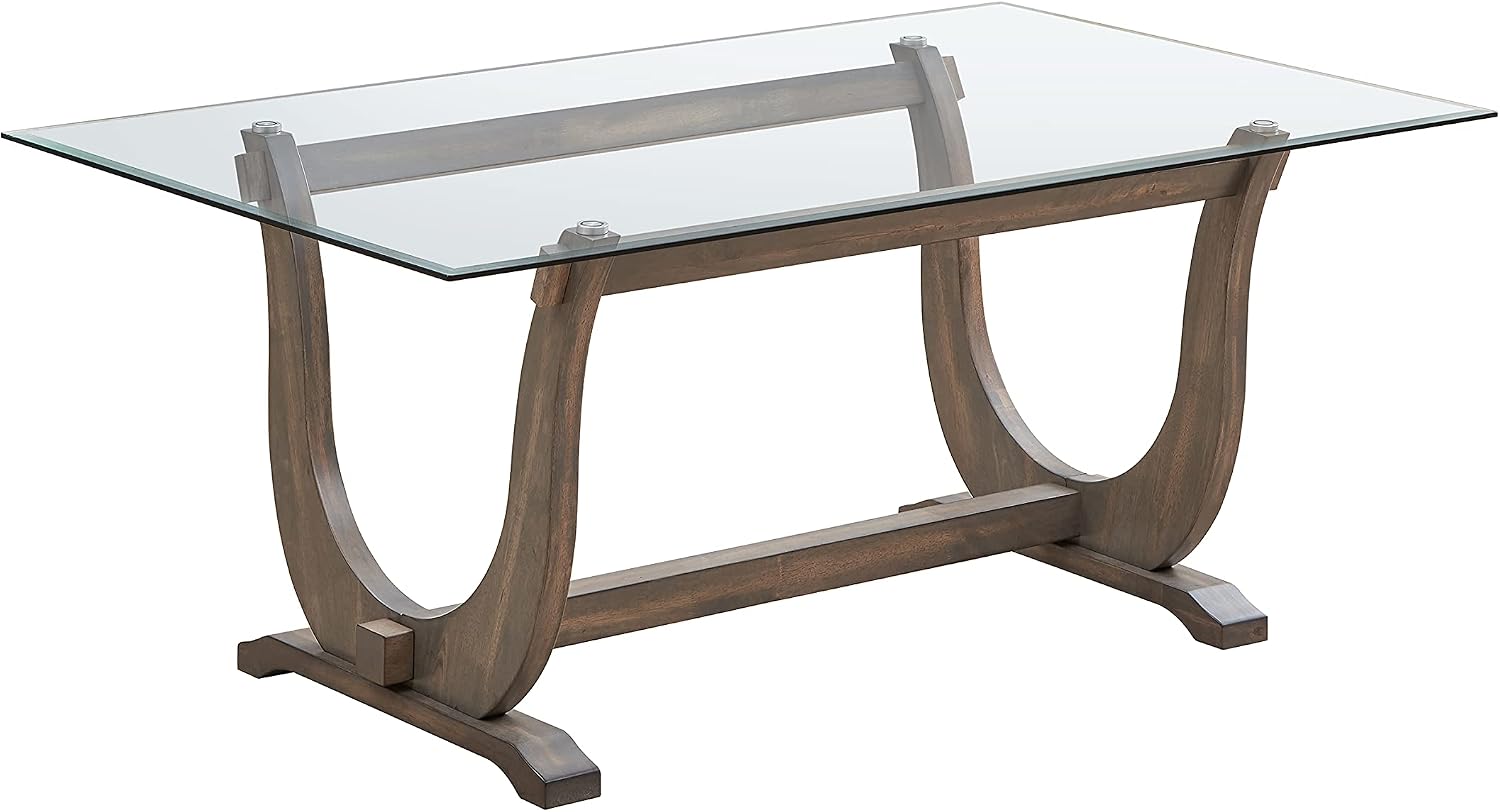 Kings Brand Furniture - Elmer Trestle Rectangular Dining Room Table, Tempered Glass/Gray Wood
