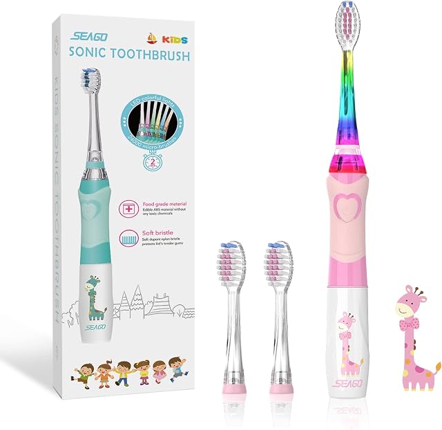 Seago Kids Electric Toothbrush, Sonic Battery Power Toothbrushes Toddler Electric Toothbrush with 4 Dupont Brush Heads, Rainbow LED Light for Junior Boys and Girls Ages 3+ (Pink)