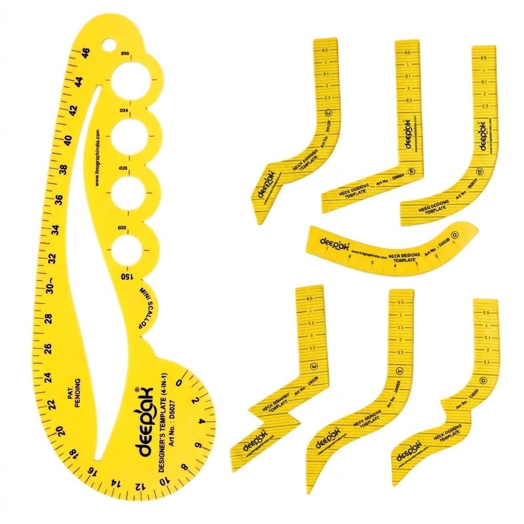 S S Mart 7-Piece Neck Design Template Set with 4 in 1 French Curve (All Yellow) | Fashion Designing Tool-image-42