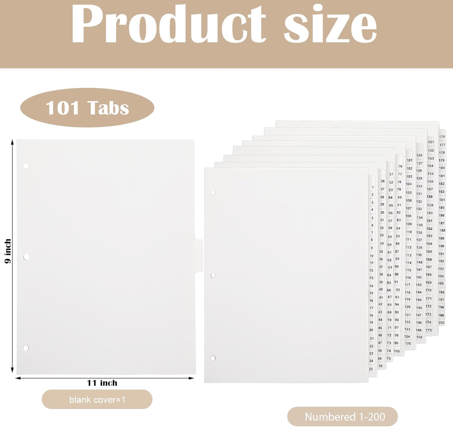 Yeaqee 201 Numbered Tabs for 3 Ring Binders, Letter Size Numbered Dividers 3 Hole Punched White Binder Index for File Notebook 8.5 x 11 Inch