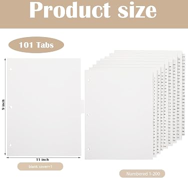 Yeaqee 201 Numbered Tabs for 3 Ring Binders, Letter Size Numbered Dividers 3 Hole Punched White Binder Index for File Notebook 8.5 x 11 Inch