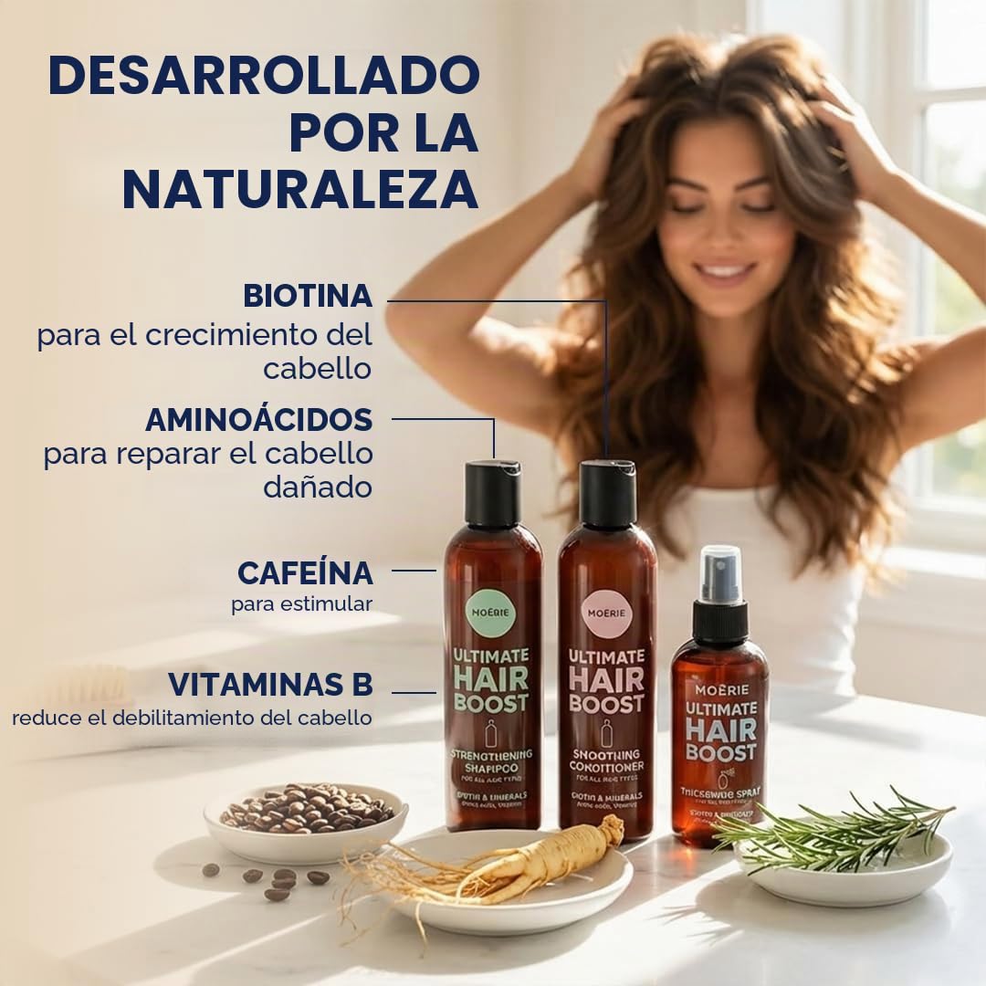 Moerie Mineral Shampoo y Condicionador con Hair Spray Mega Pack – El Set Último Hair Care para Cabello Largo, Fuerte y Voluminoso - Productos Vegetales – Sin Parabens ni Siliconas