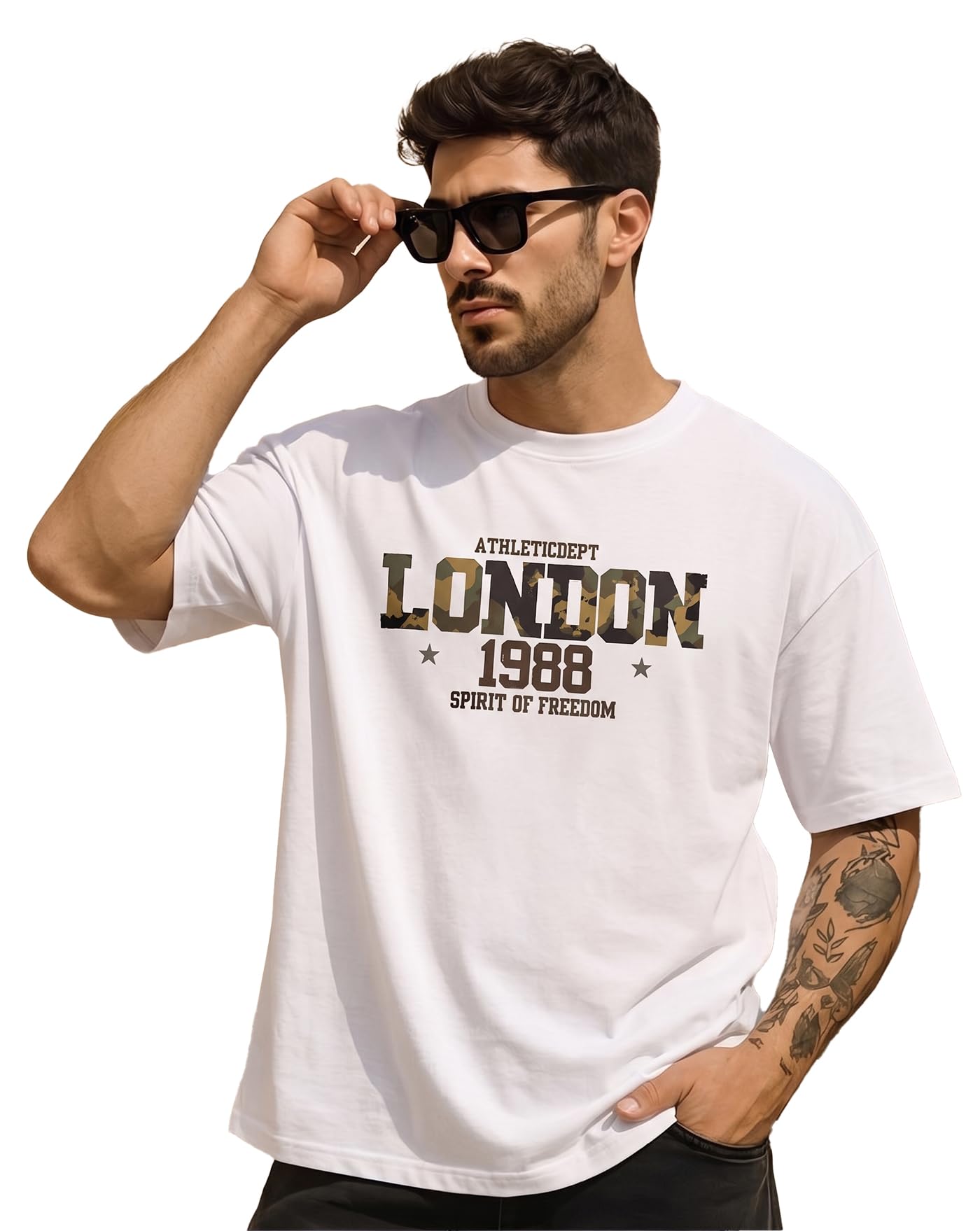 Men’s Trendy Oversized T-Shirt | London 1988 Graphic Print Casual Round Neck Half Sleeve Tee for Men-image-46