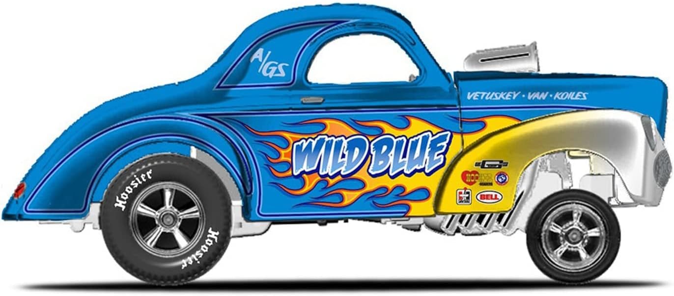 Detailed side view of the Hot Wheels '41 Willys Gasser showing 'Wild Blue' graphics.