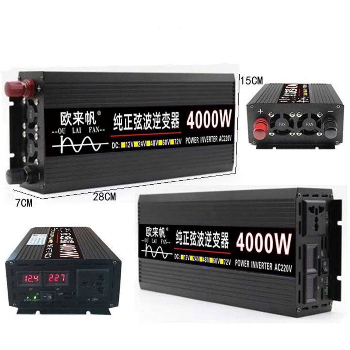 2000W 3000W 4000W Przetwornica czystej fali sinusoidalnej 12V 24V 48V 60V do 230V Przetwornica napięcia z gniazdem UE i USB, wyświetlacz cyfrowy,4000W-12V