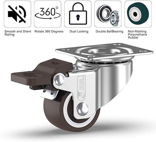 Miniatura 3 de GBL Ruedas giratorias pequeñas de 1 pulgada con 2 frenos + tornillos, 90 libras, ruedas giratorias de perfil bajo con frenos, juego de 4 ruedas