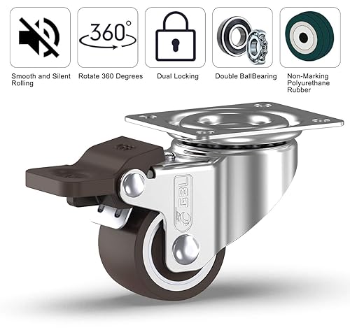 Miniatura 3 de GBL Ruedas giratorias pequeñas de 1 pulgada con 2 frenos + tornillos, 90 libras, ruedas giratorias de perfil bajo con frenos, juego de 4 ruedas