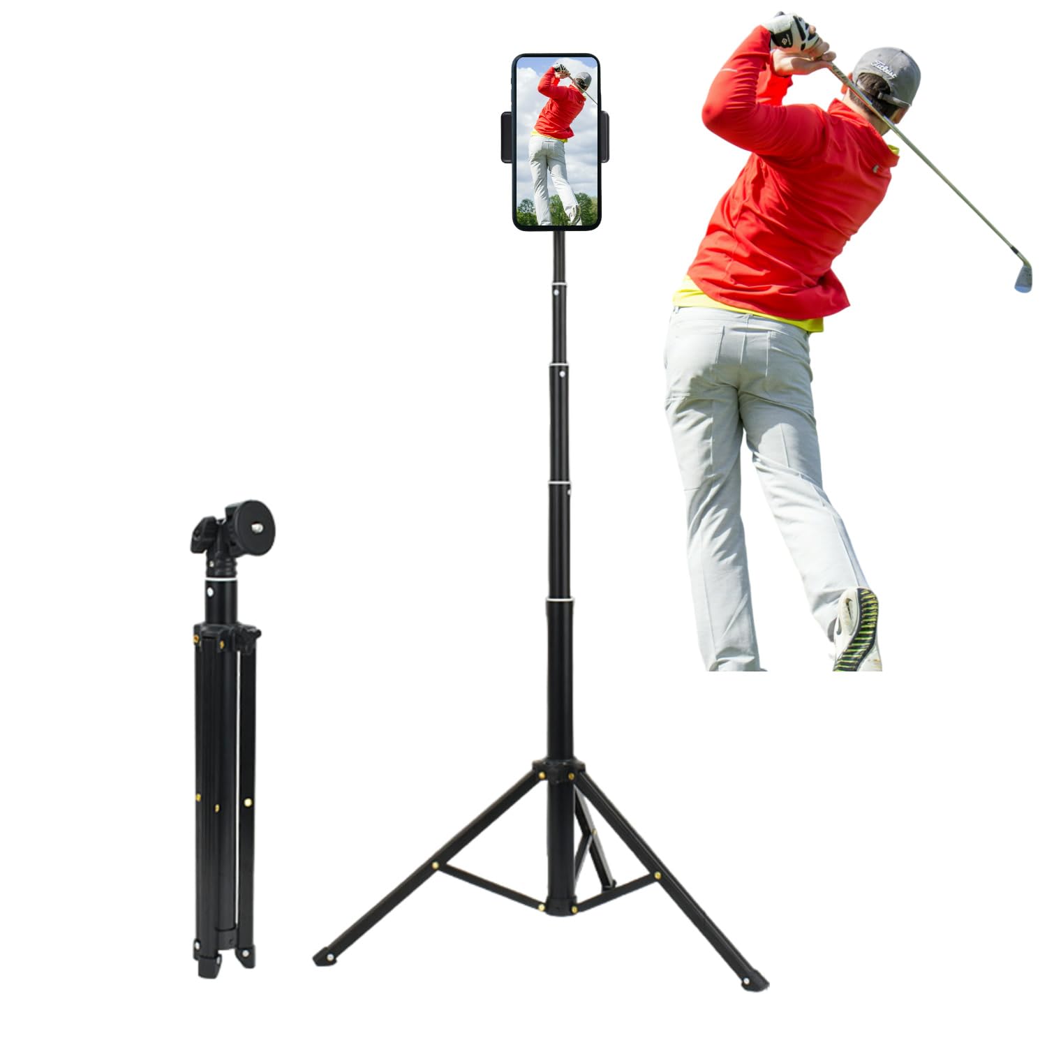 Golf Tripod for Recording Golf Swing, Golf Swing Analyzer Phone Holder, Golf Selfie Stick for Swing Training Aid, Golf Tripod Stand for Smartphone & Camera