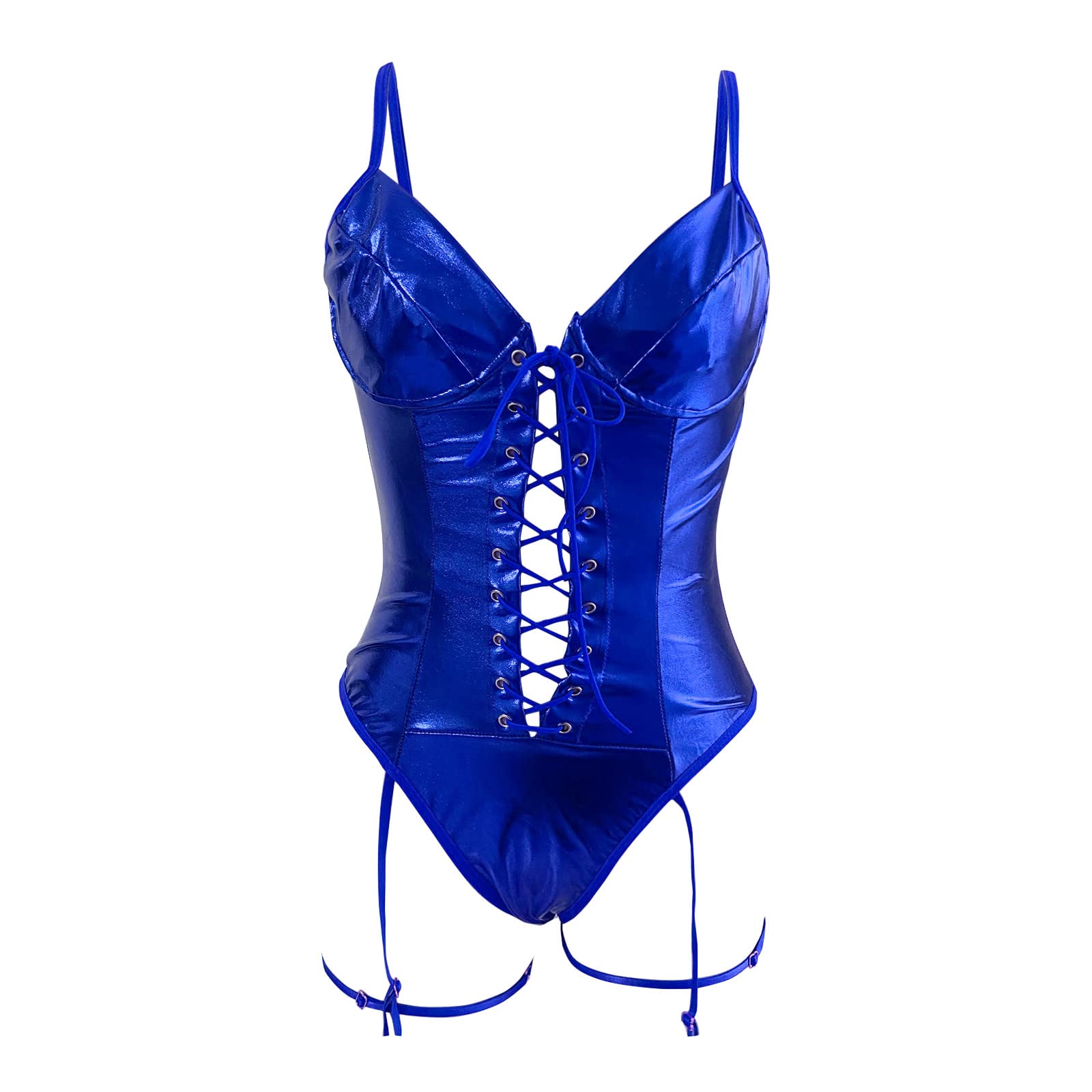 Lingerie pour Femmes 1 PC en Cuir Teddy Body Lingerie Sexy découpe Hors épaule jointe PU à Lacets jarretière Teddy Body avec 1 Paire Anneau de Jambe Coffret Lingerie