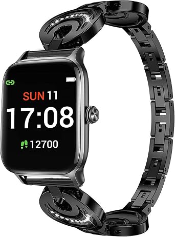 Lamshaw Compatible for Stiive Smartwatch LCW01 Band, Crystal Rhinestone Diamond Jewelled Stainless Compatible with Letsfit EW1/ Stiive LCW01/Lovtutu Smartwatch/Hamile Smartwatch Black
