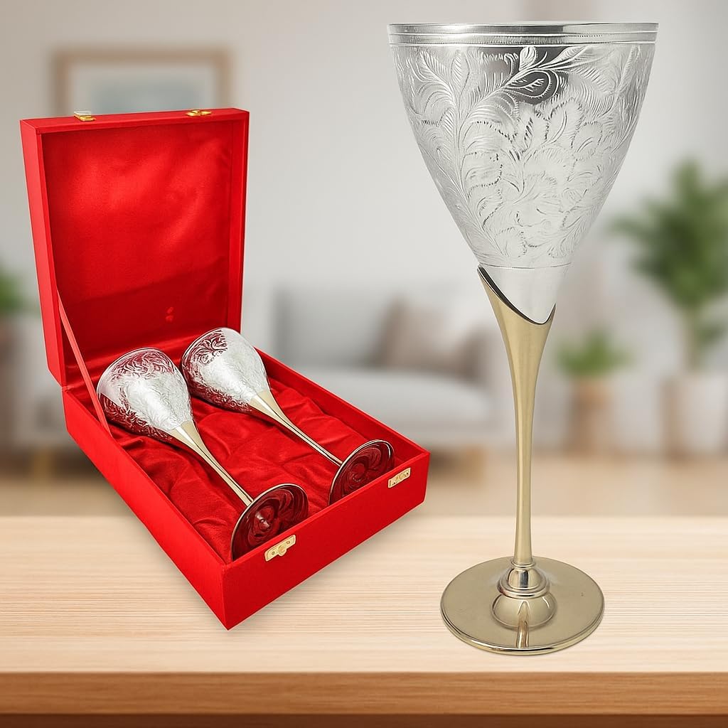 Brass Champagne Toasting Flutes Set of 2 with Velvet Gift Box - Silver Plated Gothic Wine Goblets - Vintage Engraved Chalice for Wedding Anniversary Housewarming - Elegant Couple Gift - Image 8