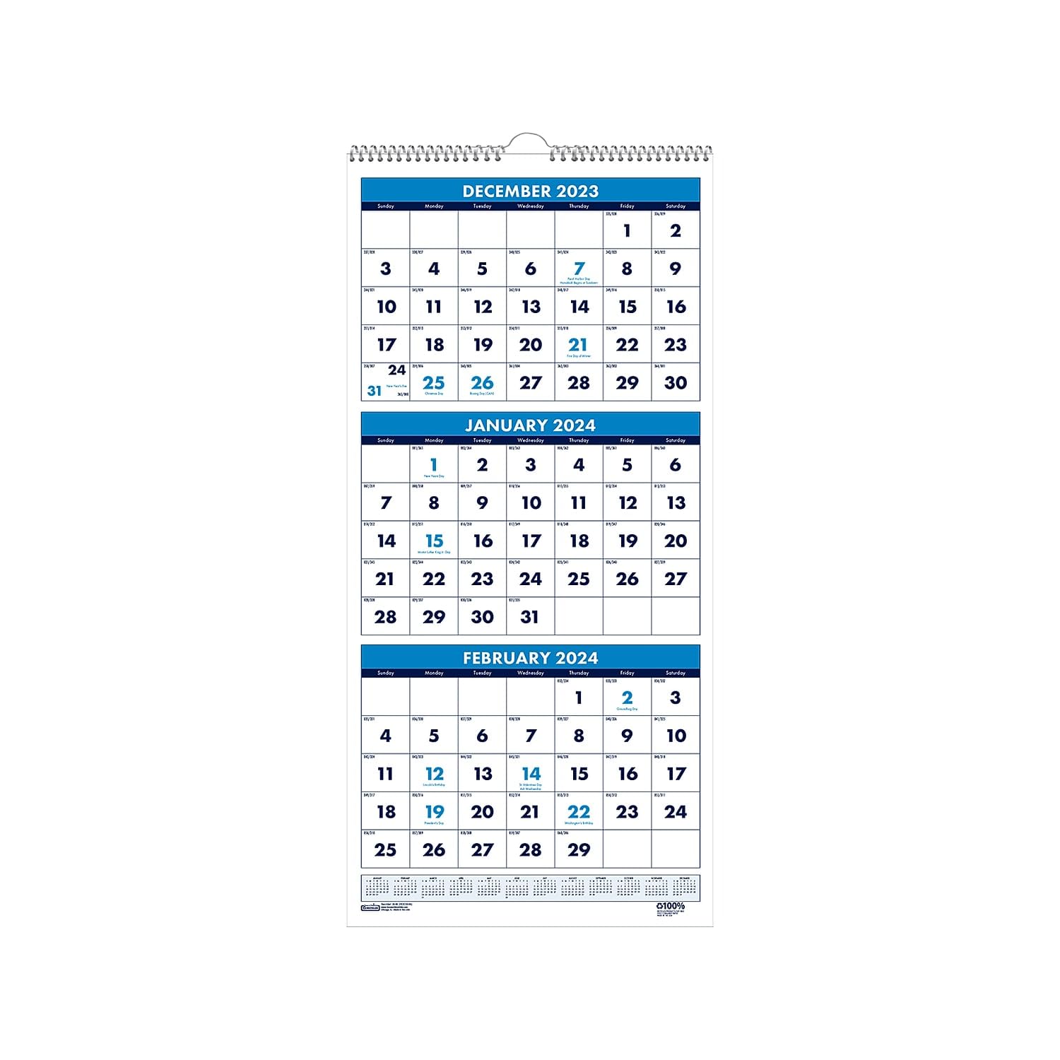 House of Doolittle Wandkalender 2024, Drei-Monate-Vertikal, 20,3 x 43,2 cm, Dezember - Januar (HOD3646-24)