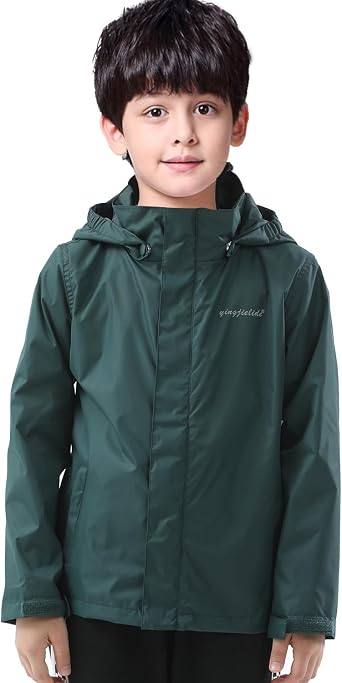 YINGJIELIDE Boys Girls Rain Jacket, Kids Lightweight Waterproof Hooded Raincoats Windbreakers, Outdoor Hiking Coat Dark Green 5-6