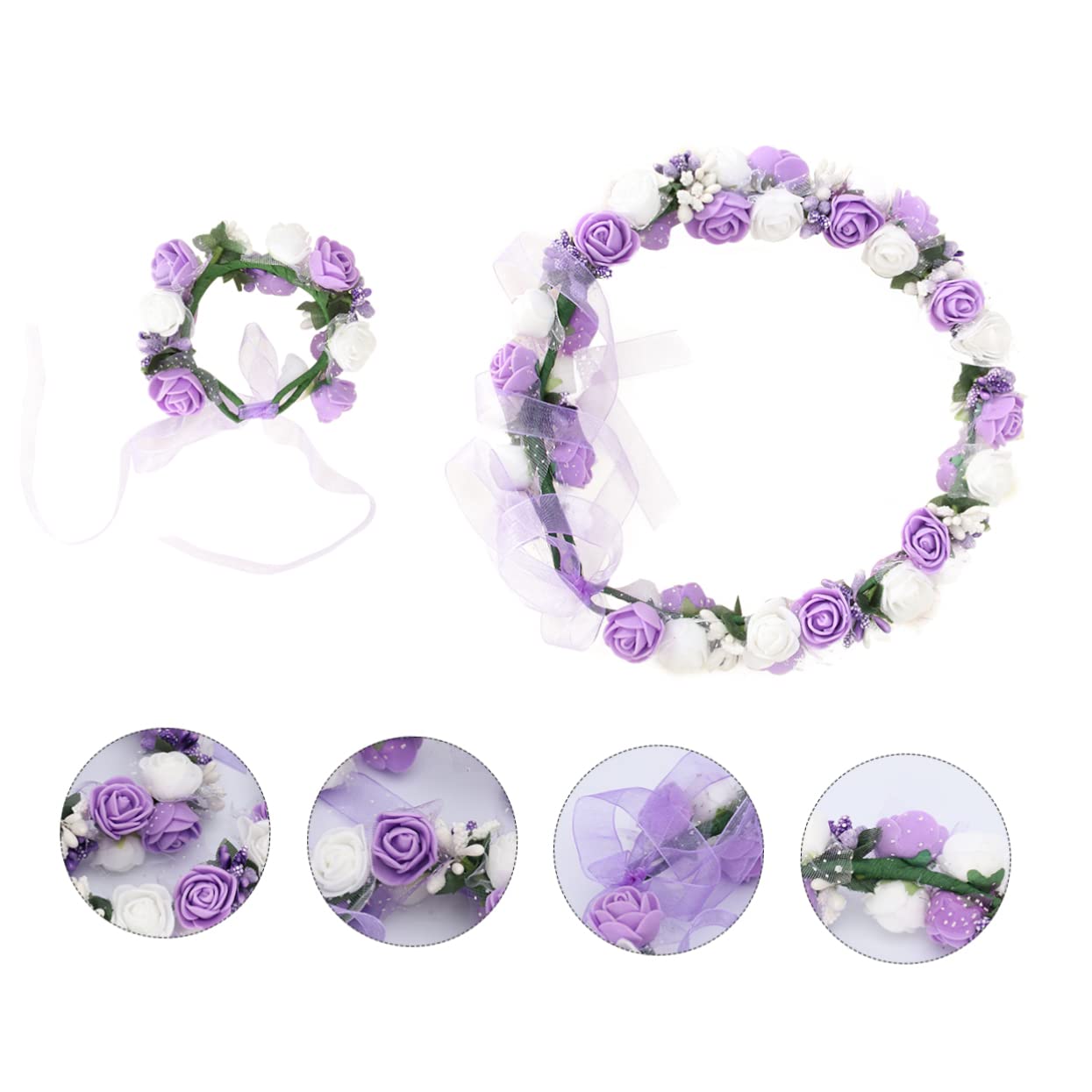 Housoutil 3sätze Handgefertigter Blumenkranz Für Braut Und Brautjungfern Koreanische Wreath Für Urlaub Und Strand Doppelreihe Armband Violett Und Weiß Dekoration Für Hochzeiten Und