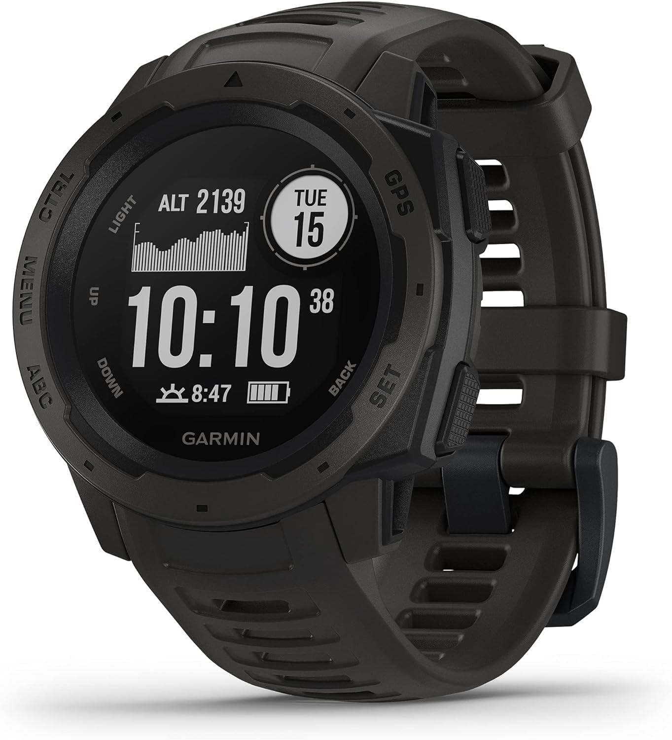 Garmin Instinct, Reloj inteligente con GPS resistente al agua, funciones deportivas y notificaciones del smartphone, Grafito (Reacondicionado)