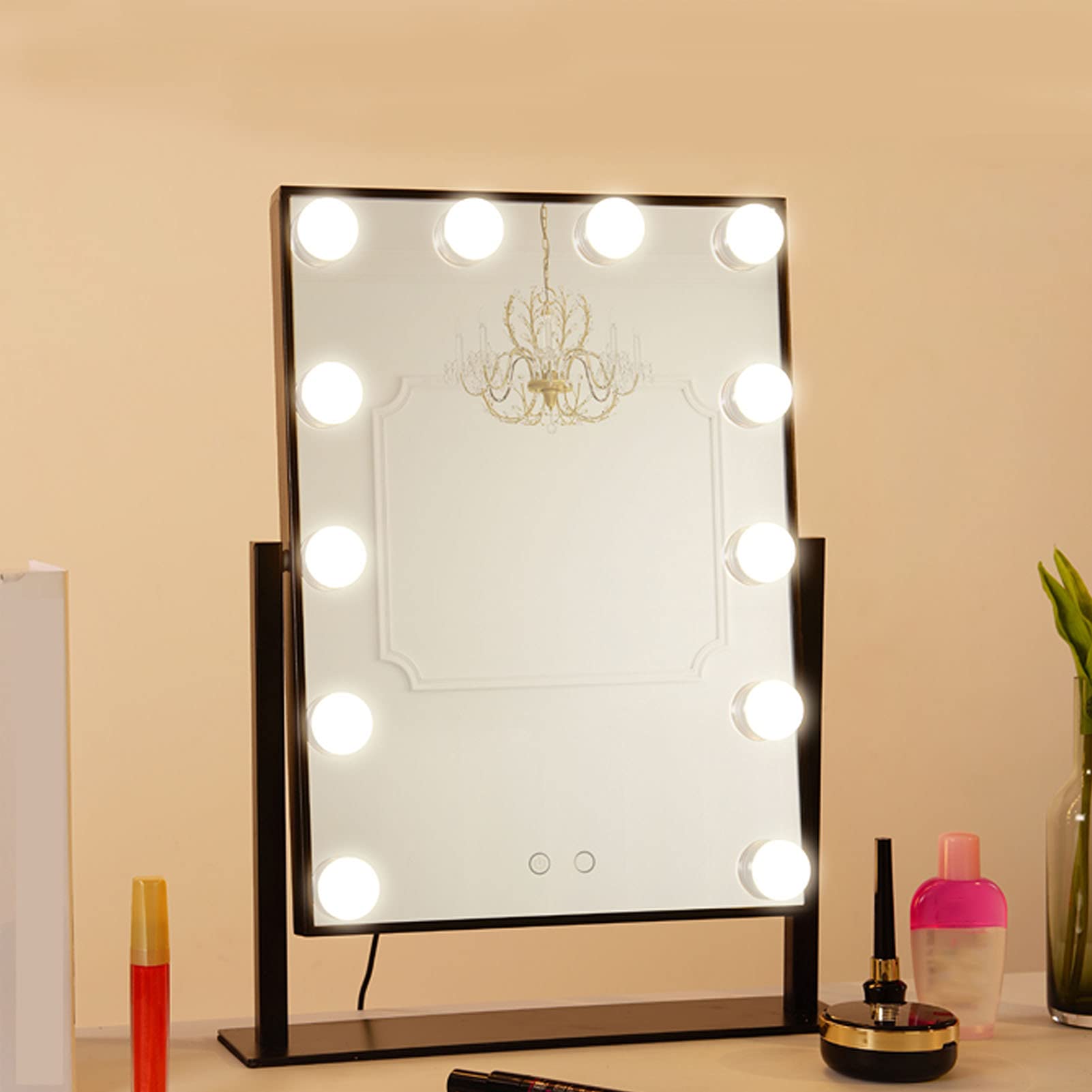 Miroir de maquillage Hollywood avec lumières LED 3 couleurs à intensité variable rotatif à 300° rond miroir de table 50 cm noir – parfait pour une application de maquillage professionnelle