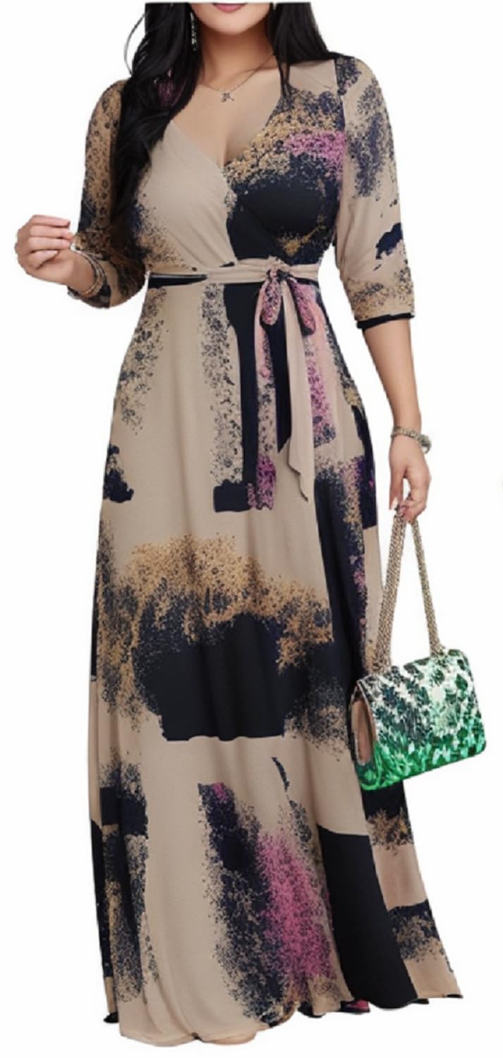 Women's Church Maxi Wrap V Neck 3/4 Sleeve Tie Waist Plus Size Long Dress
