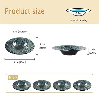 Ceramic Pasta Bowls, 6.8 oz Pasta Plates, Reactive Glaze Pasta Bowl Set of 4, Large Wide Serving Bowls for Salad, Dessert, Fruit, Microwave & Dishwasher, Oven Safe