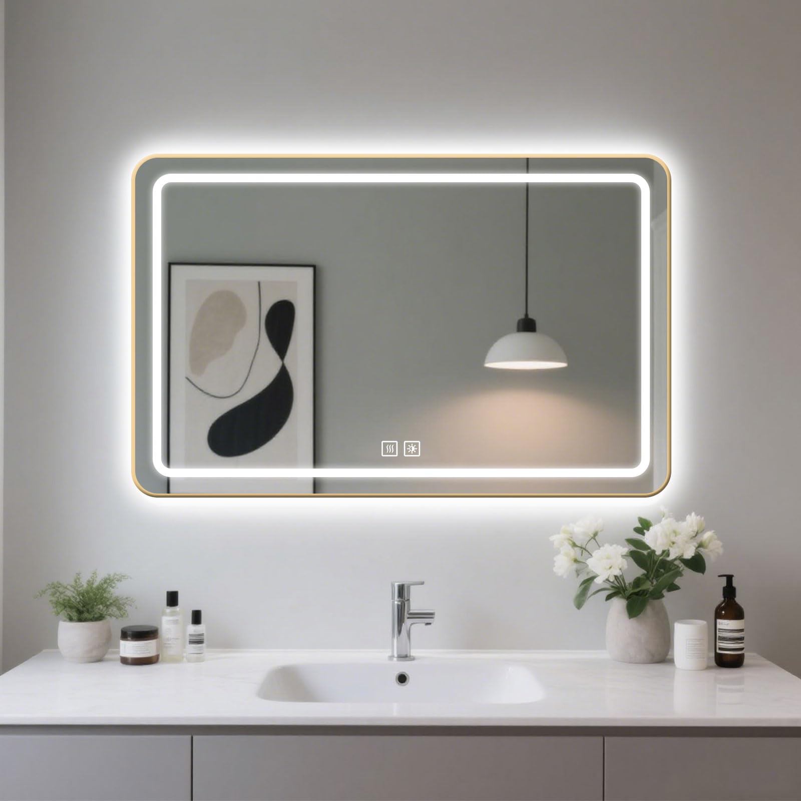 FGXHHS with Lights - Led for Anti-Fog Technology, 3 Color Temperatures (3000k/4500k/6000k), Dimmable, Shatterproof Tempered Glass, Wall Mounted