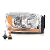 G-PLUS Headlights Assembly w/Bulbs Light Bar Right Passenger Side Compatible with Dodge Ram 1500 2006-2008/Fit Dodge Ram 2500 3500 2006-2009 Clear Lens Chrome Housing Amber Reflector 55077794AB