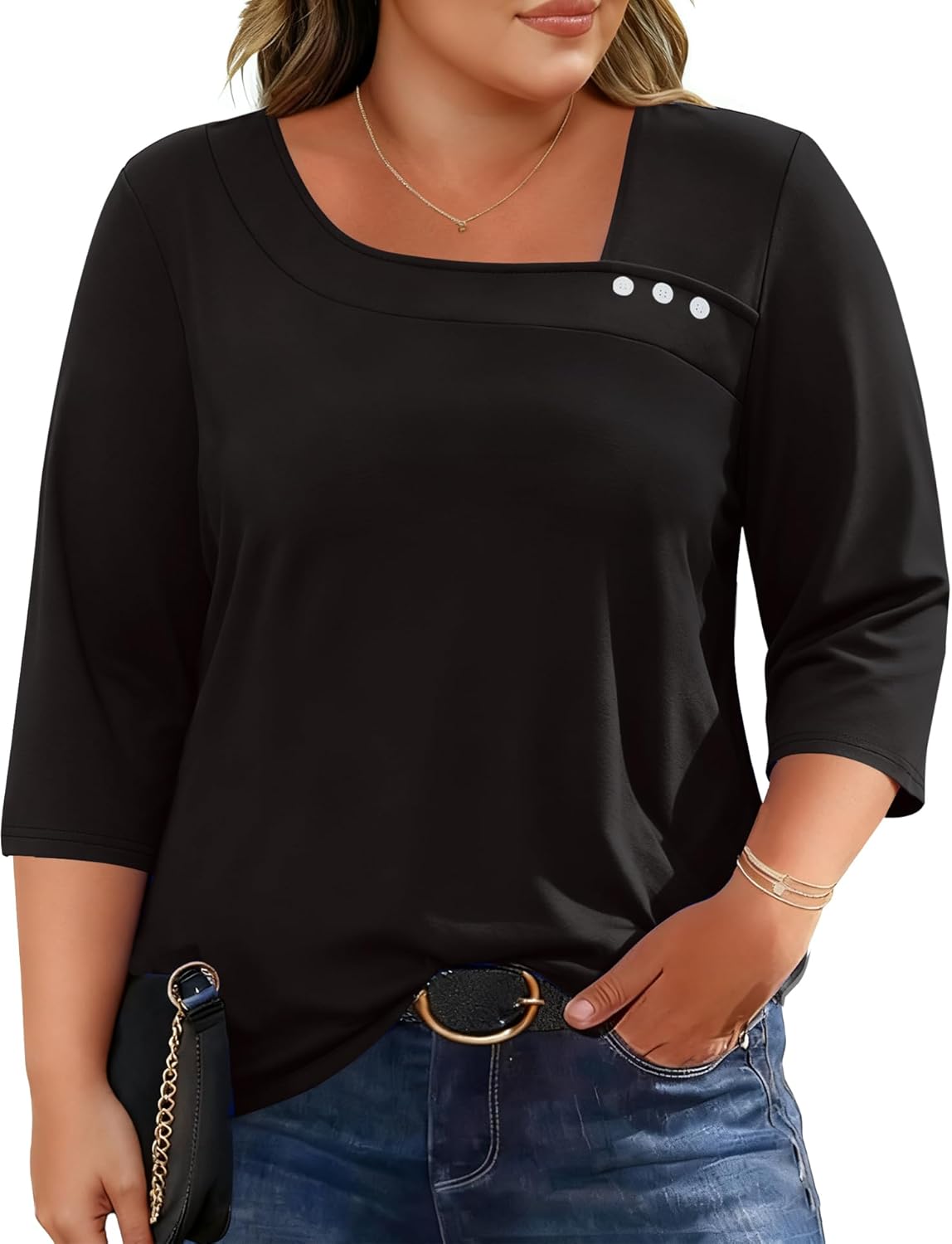 LOMON Womens Plus Size Tops 3/4 Length Sleeve T Shirts Asymmetrical Neck Blouses for Women Fashion 2026