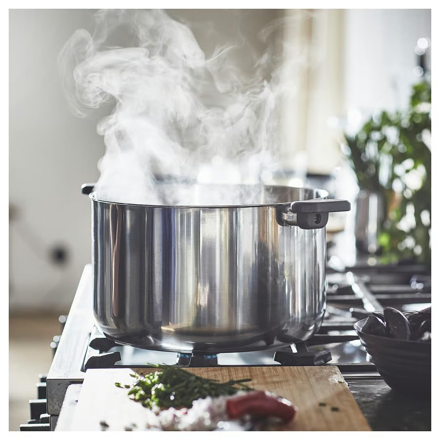 Image of MIDDAGSMAT Stainless Steel Pot with Glass Lid, 10 L, Induction Compatible, Dishwasher-Safe, Steam Vent, Stackable Design, Fast Heating Base