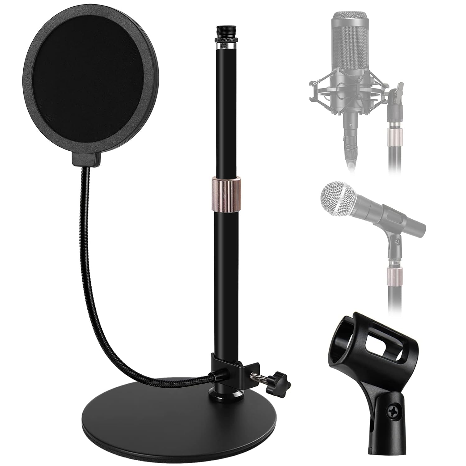 Upgraded Desk Microphone Stand with Pop Filter and Mic Clip, Adjustable
