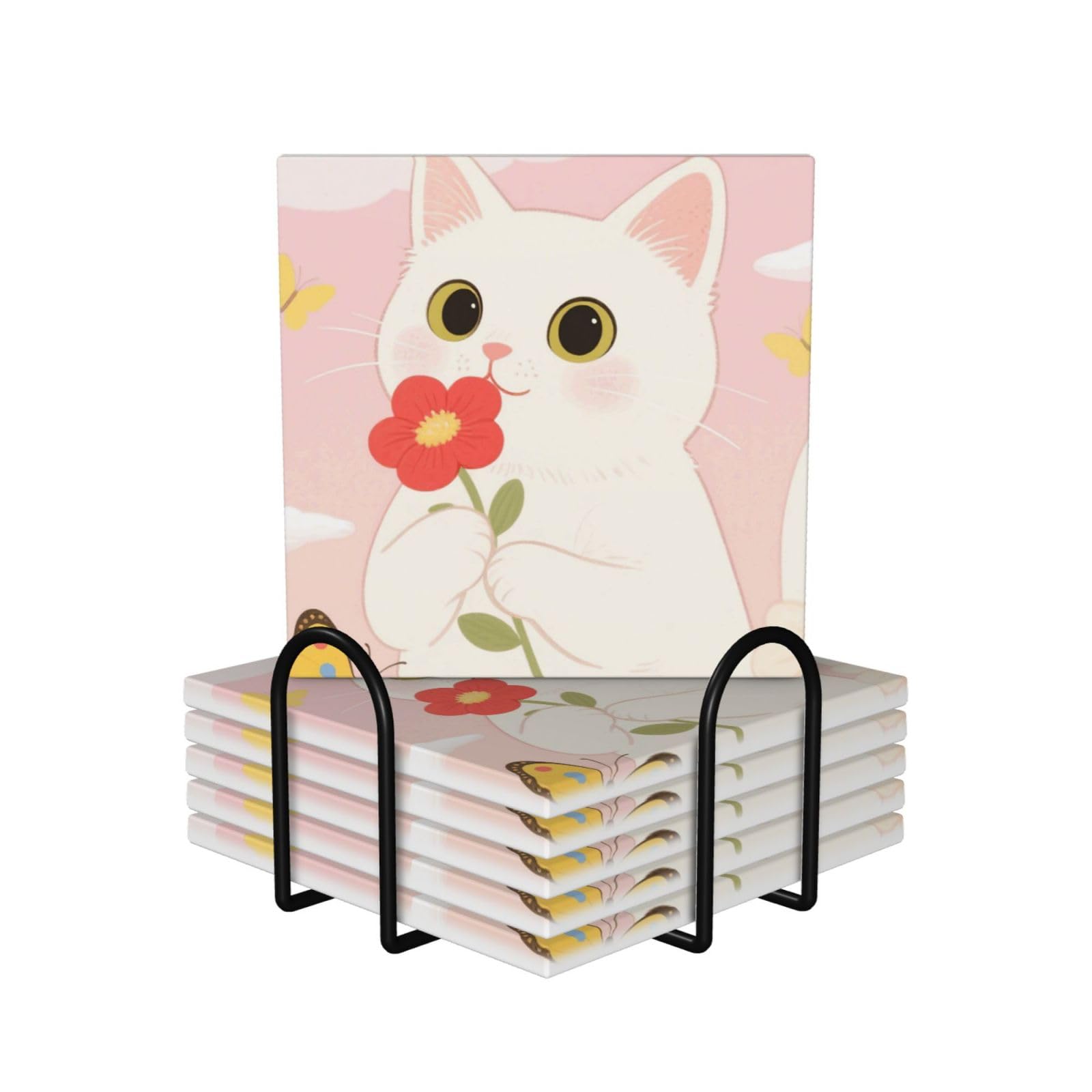Dessous de verre en céramique absorbant Lofaris motif chat avec socle liège