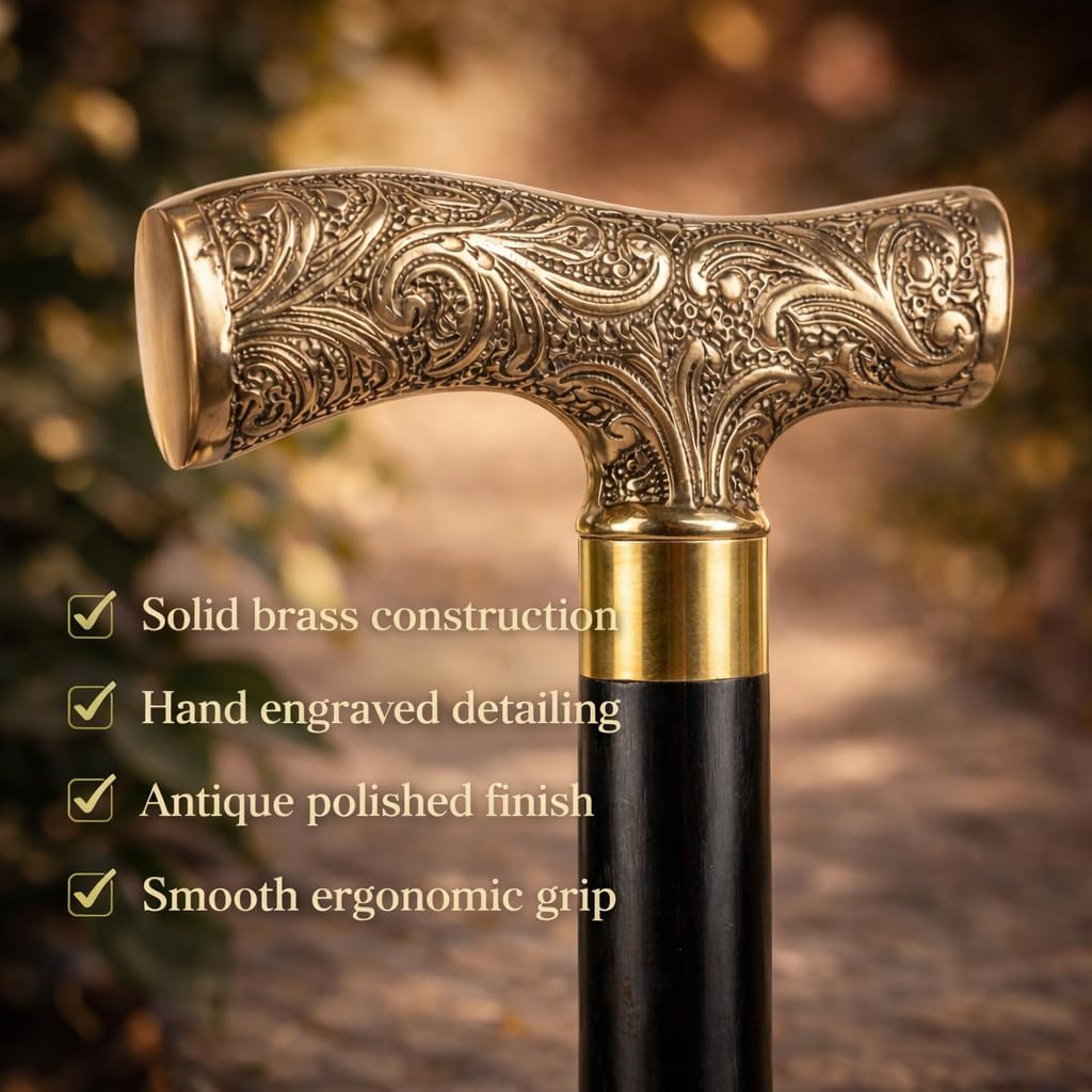 Handmade Wooden Walking Cane – Solid Brass Edwardian Derby Handle, 36” Hardwood Walking Stick with Brass Inlay & Anti-Slip Rubber Tip for Seniors | Ergonomic Orthopedic Grip | Costume, Cosplay